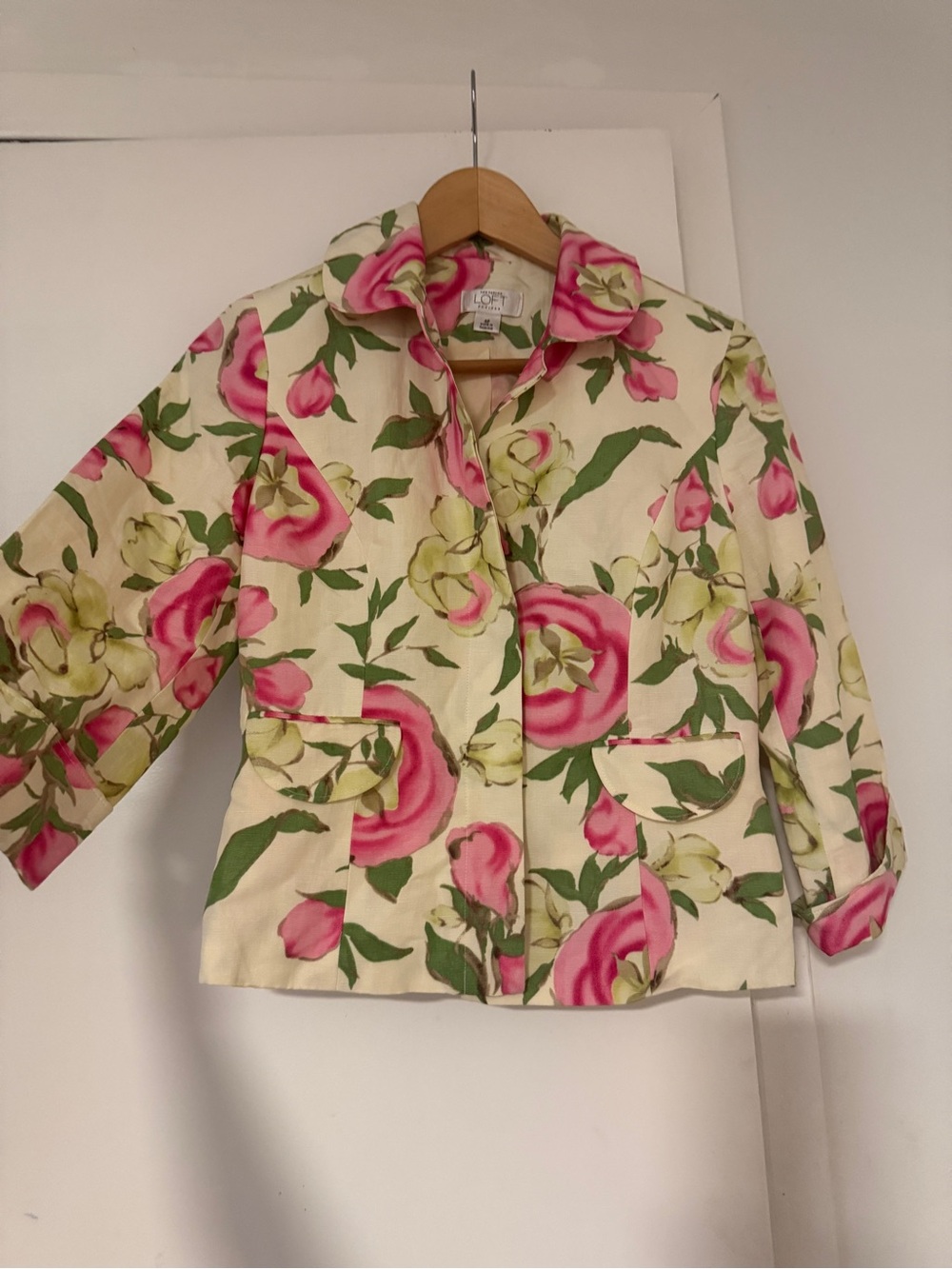 LOFT linen Cream Blazer with Pink Floral Print